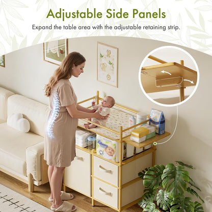 Baby Changing Table, Bamboo Baby Dresser Table with Flat Top, Diaper Changing Station with 3 Removable Storage Drawers, Large Storage Nursery Organizer Shelves with Pad, Mesh Pocket