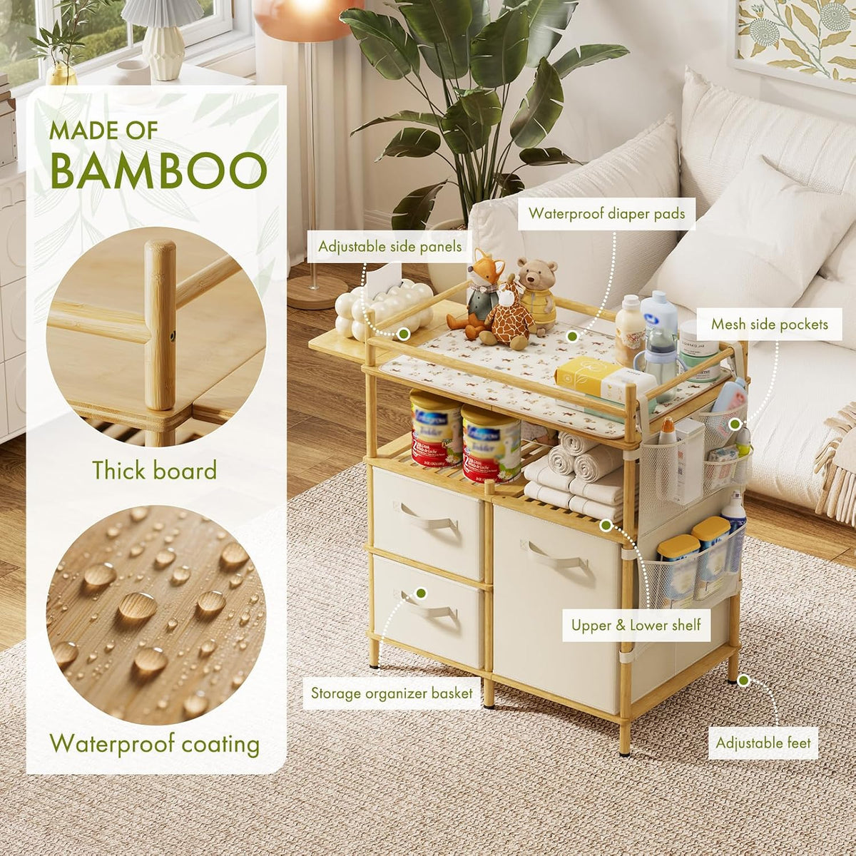 Baby Changing Table, Bamboo Baby Dresser Table with Flat Top, Diaper Changing Station with 3 Removable Storage Drawers, Large Storage Nursery Organizer Shelves with Pad, Mesh Pocket