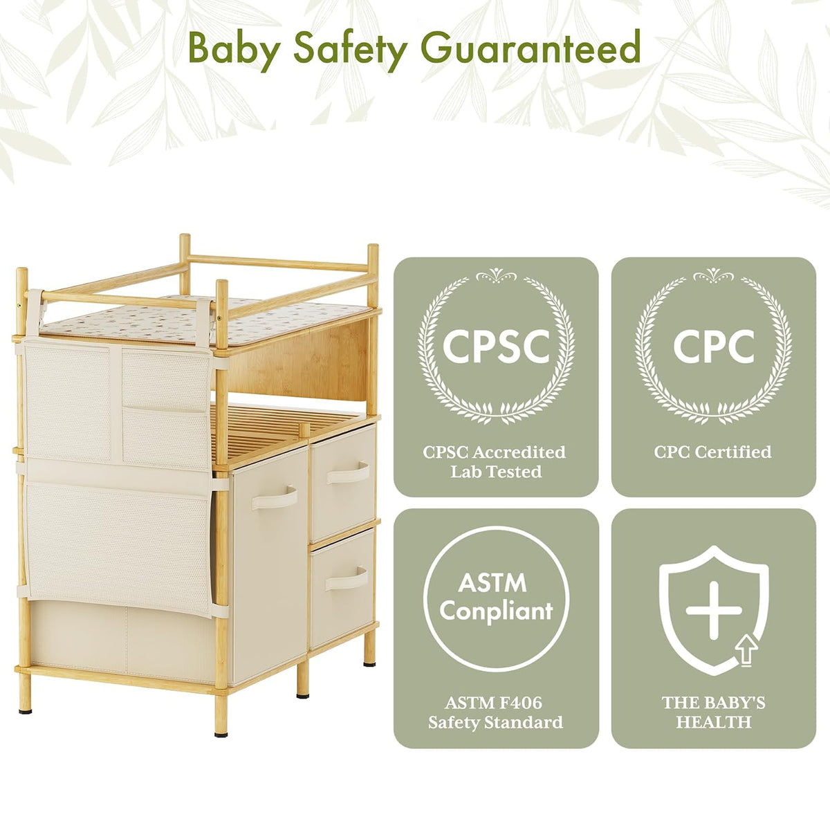 Baby Changing Table, Bamboo Baby Dresser Table with Flat Top, Diaper Changing Station with 3 Removable Storage Drawers, Large Storage Nursery Organizer Shelves with Pad, Mesh Pocket