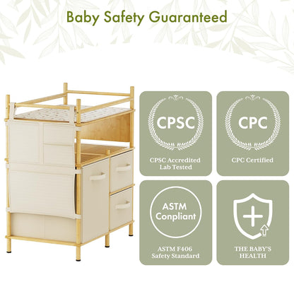 Baby Changing Table, Bamboo Baby Dresser Table with Flat Top, Diaper Changing Station with 3 Removable Storage Drawers, Large Storage Nursery Organizer Shelves with Pad, Mesh Pocket