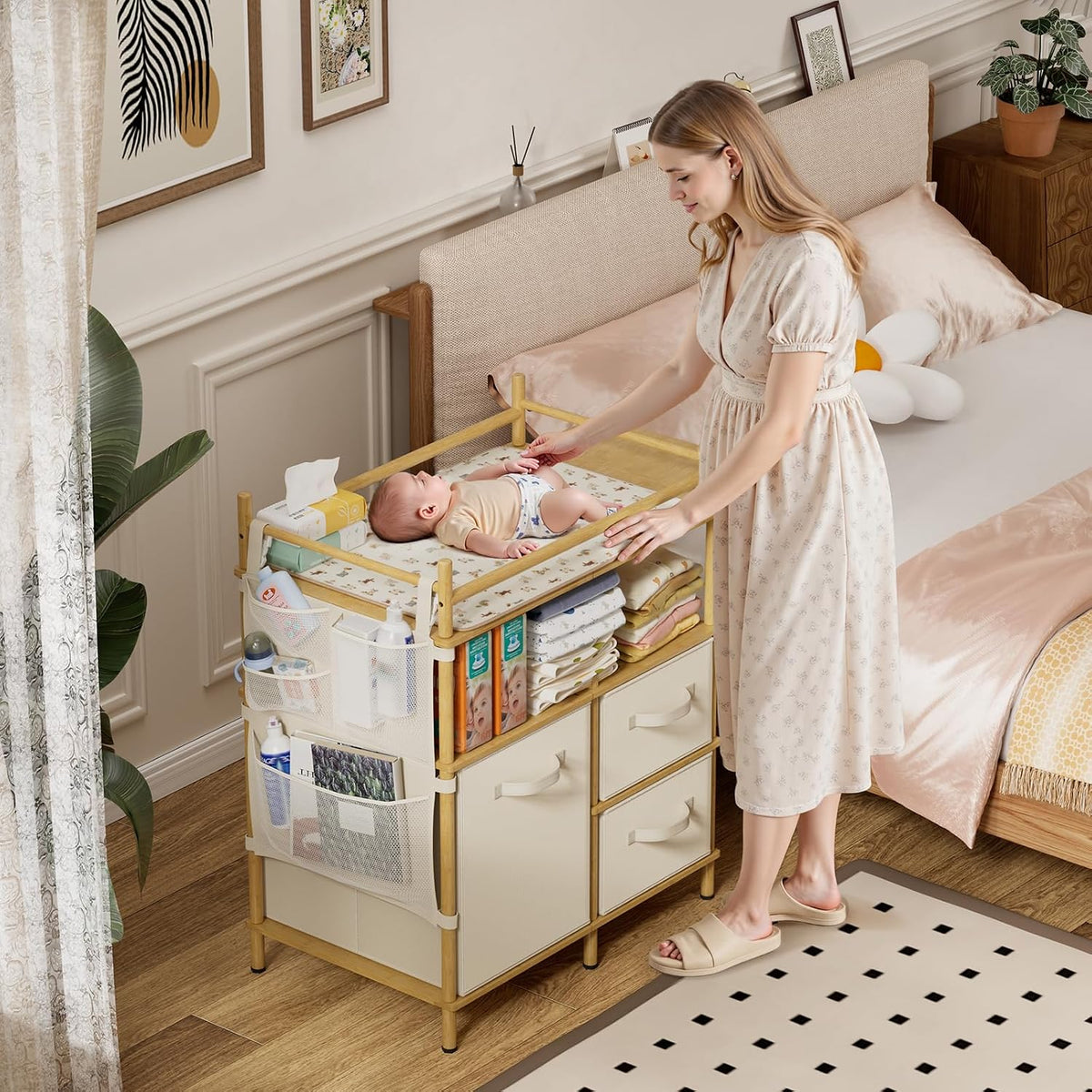 Baby Changing Table, Bamboo Baby Dresser Table with Flat Top, Diaper Changing Station with 3 Removable Storage Drawers, Large Storage Nursery Organizer Shelves with Pad, Mesh Pocket