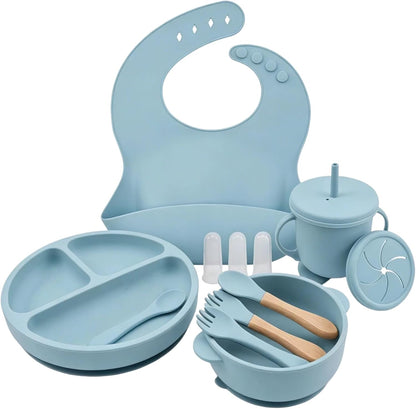 9 Pieces with Suction Bowl, Divided Plate, Sippy Cup, Bib, Spoons, Forks, Sage Green, BPA Free (Blue)