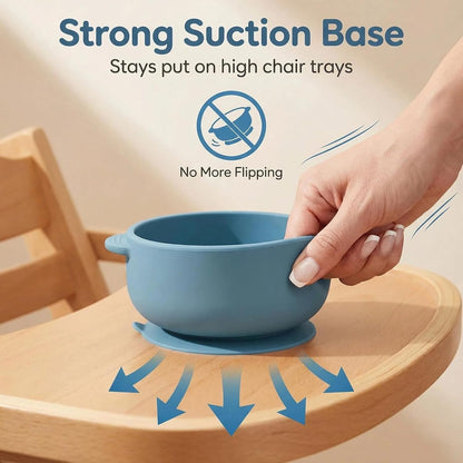 9 Pieces with Suction Bowl, Divided Plate, Sippy Cup, Bib, Spoons, Forks, Sage Green, BPA Free (Blue)
