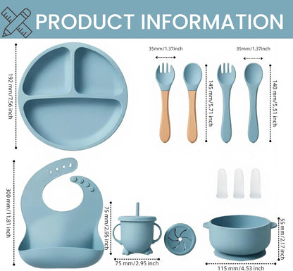 9 Pieces with Suction Bowl, Divided Plate, Sippy Cup, Bib, Spoons, Forks, Sage Green, BPA Free (Blue)