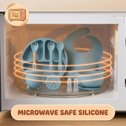 9 Pieces with Suction Bowl, Divided Plate, Sippy Cup, Bib, Spoons, Forks, Sage Green, BPA Free (Blue)