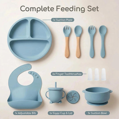 9 Pieces with Suction Bowl, Divided Plate, Sippy Cup, Bib, Spoons, Forks, Sage Green, BPA Free (Blue)