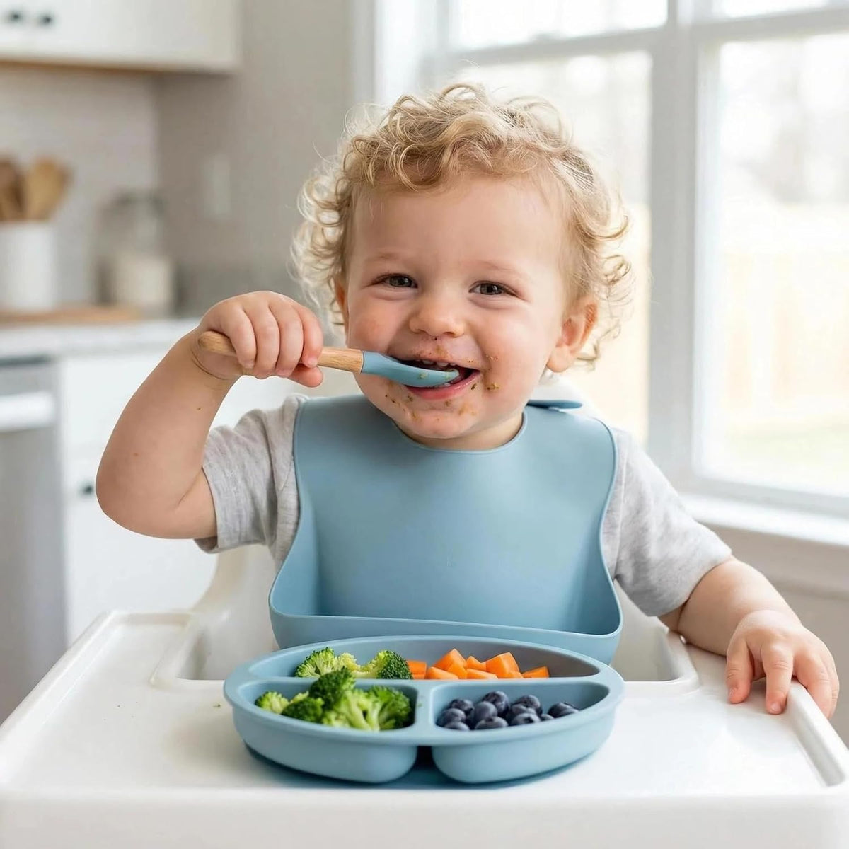 9 Pieces with Suction Bowl, Divided Plate, Sippy Cup, Bib, Spoons, Forks, Sage Green, BPA Free (Blue)