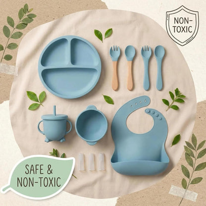 9 Pieces with Suction Bowl, Divided Plate, Sippy Cup, Bib, Spoons, Forks, Sage Green, BPA Free (Blue)