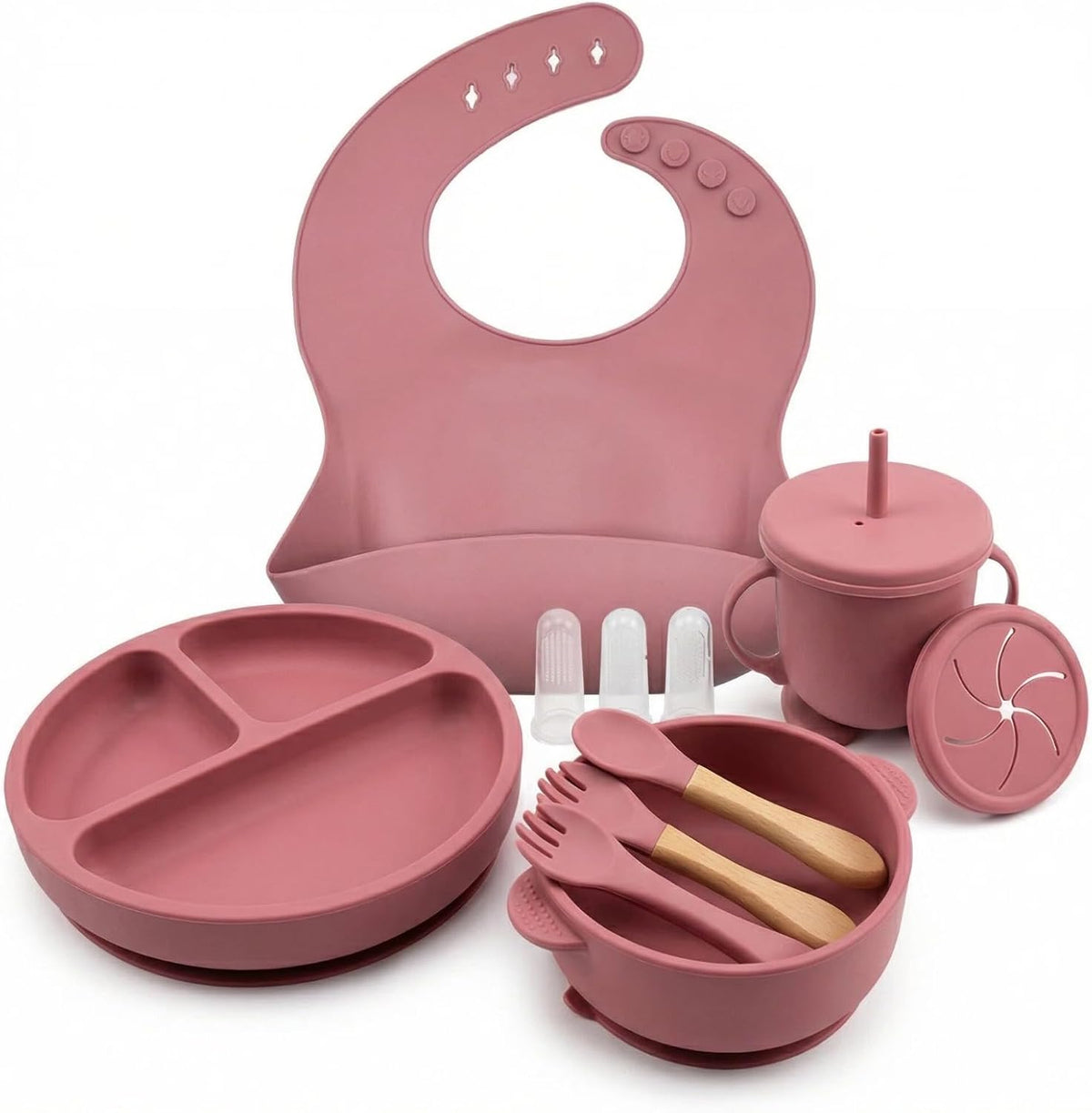 9 Pieces with Suction Bowl, Divided Plate, Sippy Cup, Bib, Spoons, Forks, Sage Green, BPA Free (Blue)