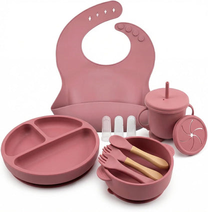 9 Pieces with Suction Bowl, Divided Plate, Sippy Cup, Bib, Spoons, Forks, Sage Green, BPA Free (Blue)