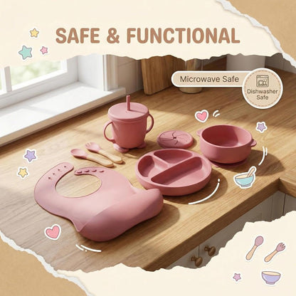 9 Pieces with Suction Bowl, Divided Plate, Sippy Cup, Bib, Spoons, Forks, Sage Green, BPA Free (Blue)