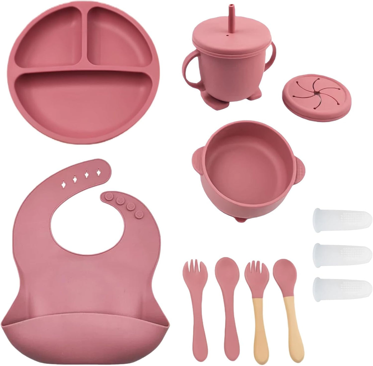 9 Pieces with Suction Bowl, Divided Plate, Sippy Cup, Bib, Spoons, Forks, Sage Green, BPA Free (Blue)