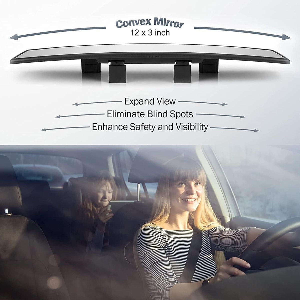 Verivue Universal Panoramic 12-Inch Rear View Mirror, Anti-Glare Wide Angle Car Mirror, Rearview Mirrors Accessory for Baby Rear-Facing, Tint flat Mirrors for Cars and SUVs.