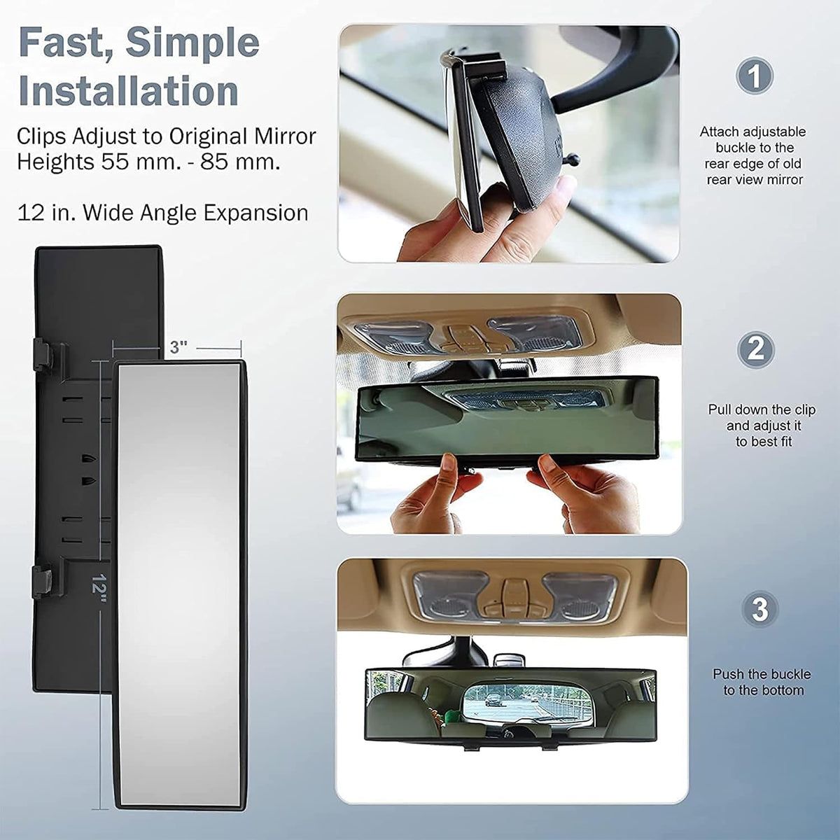 Verivue Universal Panoramic 12-Inch Rear View Mirror, Anti-Glare Wide Angle Car Mirror, Rearview Mirrors Accessory for Baby Rear-Facing, Tint flat Mirrors for Cars and SUVs.