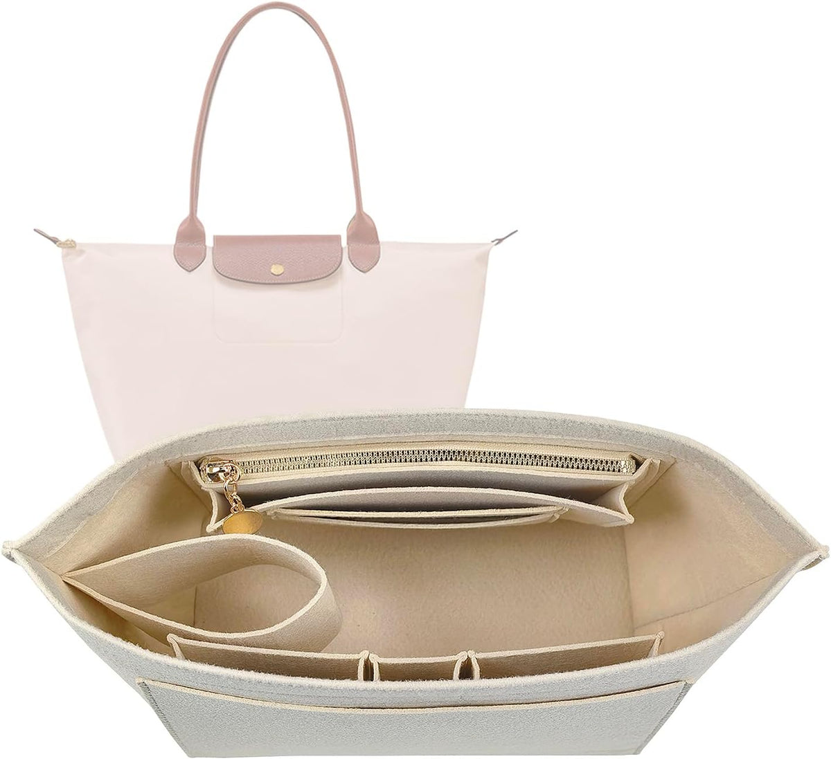 Felt Handbag Organizer Insert for Longchamp Le Pliage, Universal Purse Insert for Most Tote Bags & Handbags 041beige-S