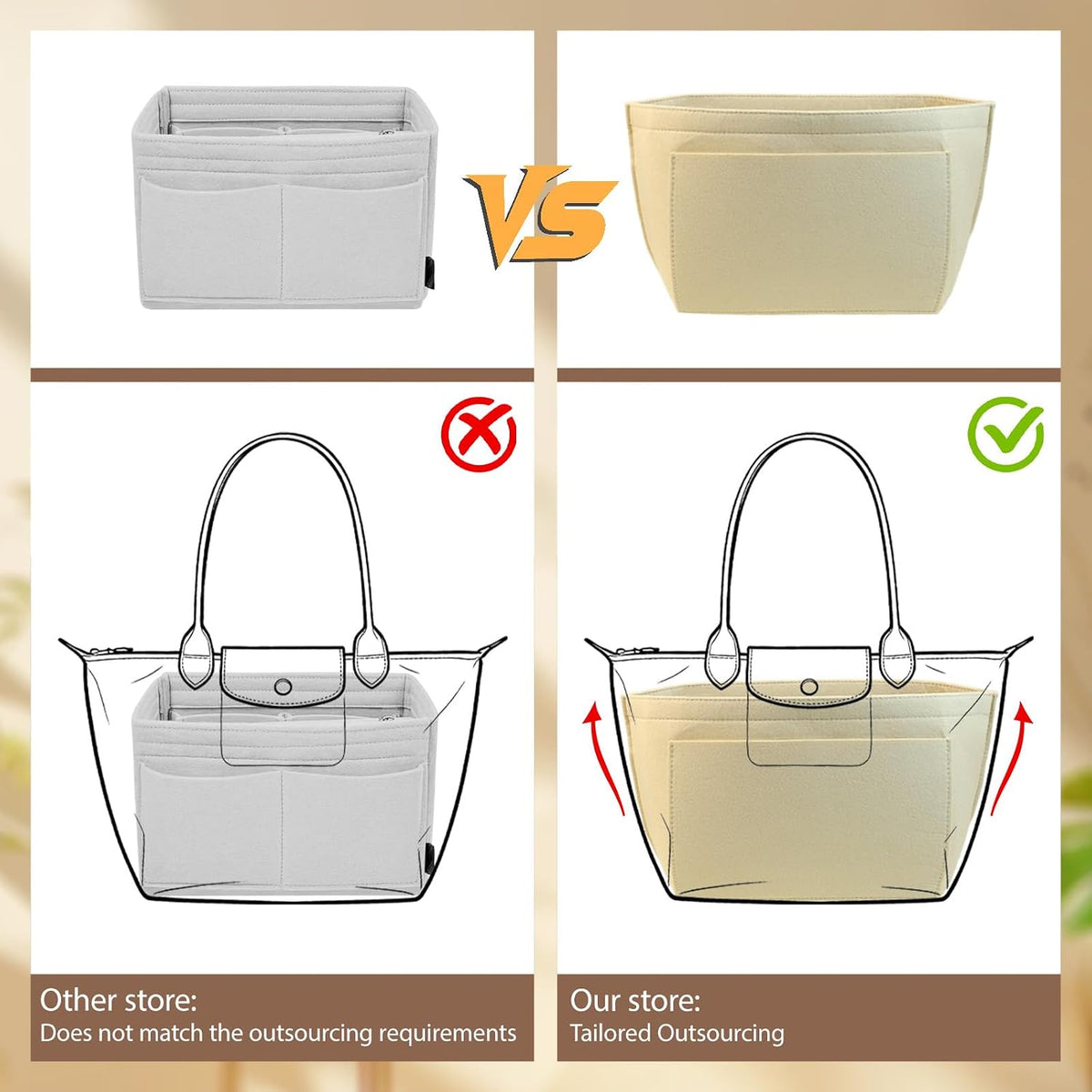Felt Handbag Organizer Insert for Longchamp Le Pliage, Universal Purse Insert for Most Tote Bags & Handbags 041beige-S