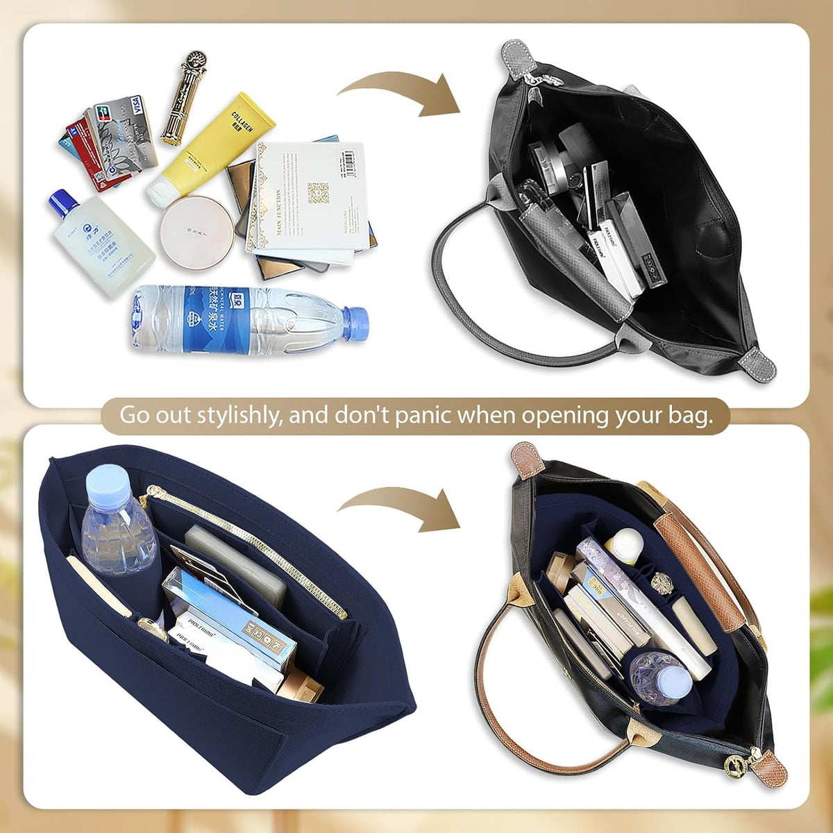 Felt Handbag Organizer Insert for Longchamp Le Pliage, Universal Purse Insert for Most Tote Bags & Handbags 041beige-S