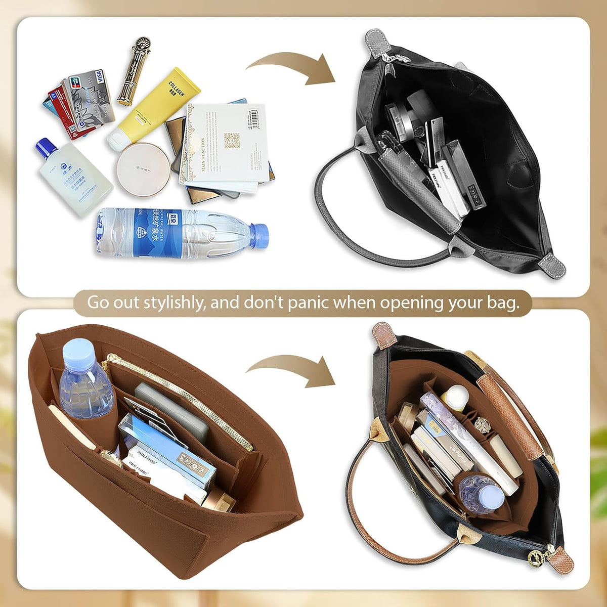Felt Handbag Organizer Insert for Longchamp Le Pliage, Universal Purse Insert for Most Tote Bags & Handbags 041beige-S