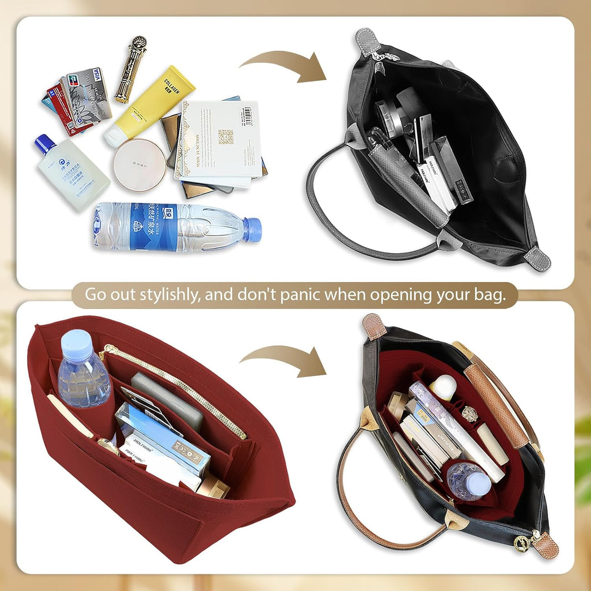 Felt Handbag Organizer Insert for Longchamp Le Pliage, Universal Purse Insert for Most Tote Bags & Handbags 041beige-S