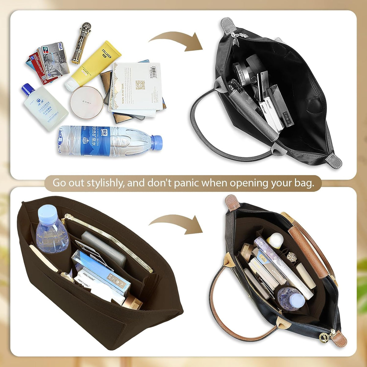Felt Handbag Organizer Insert for Longchamp Le Pliage, Universal Purse Insert for Most Tote Bags & Handbags 041beige-S