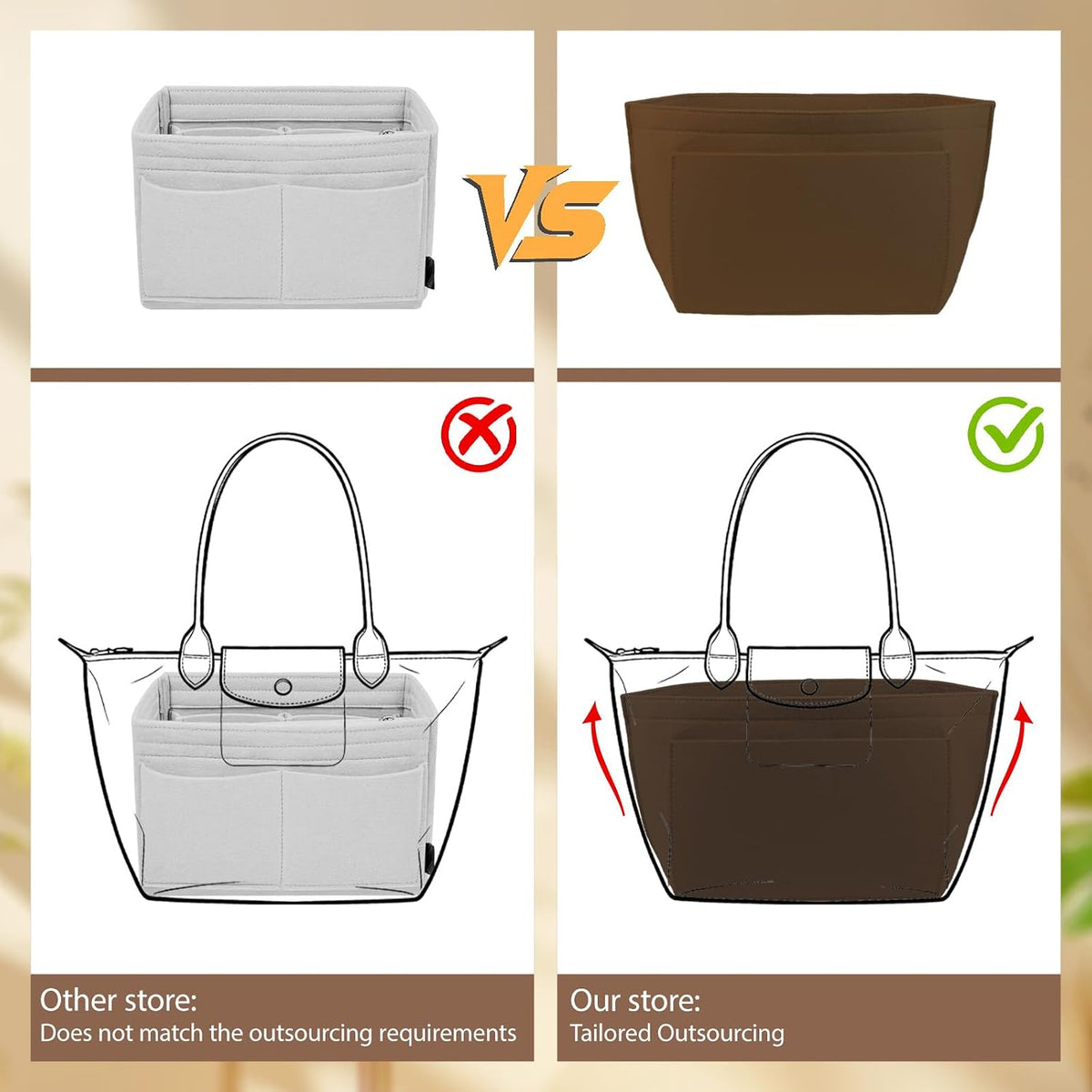 Felt Handbag Organizer Insert for Longchamp Le Pliage, Universal Purse Insert for Most Tote Bags & Handbags 041beige-S