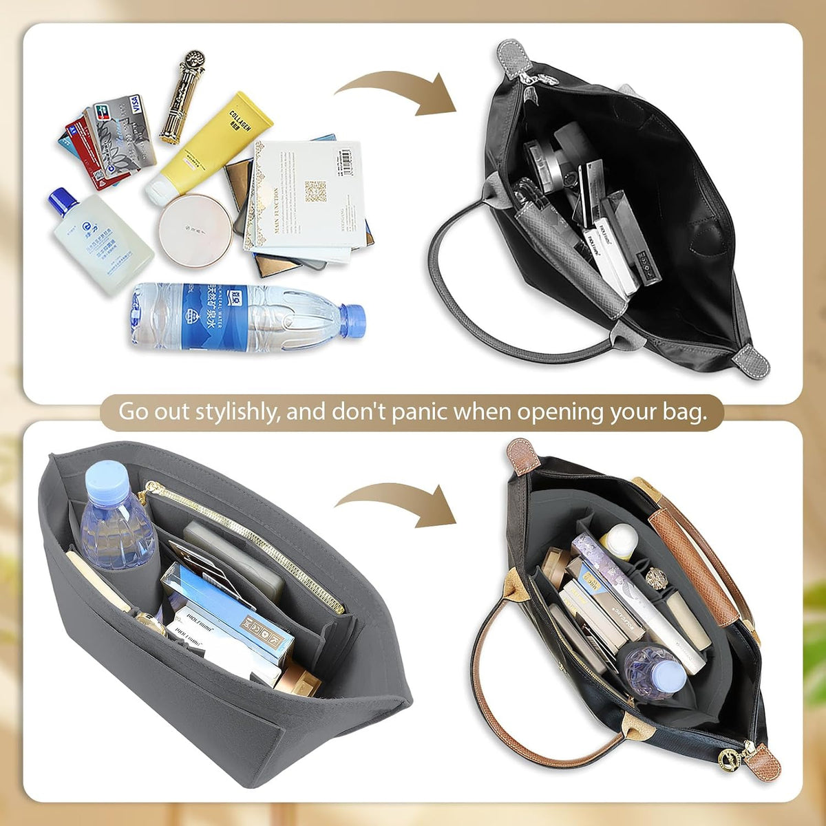 Felt Handbag Organizer Insert for Longchamp Le Pliage, Universal Purse Insert for Most Tote Bags & Handbags 041beige-S