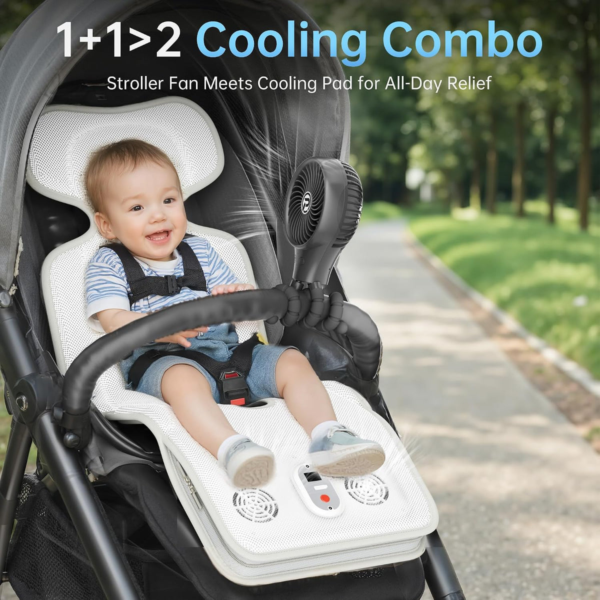Baby Stroller Cooling Pad, 3D Breathable Carseat Cooling Pad with 2 Built-in Blower, Max 10H Ventilation 3 Speeds 10000mAh Rechargeable Cooling Mat Liner for Toddler Baby Summer Essentials