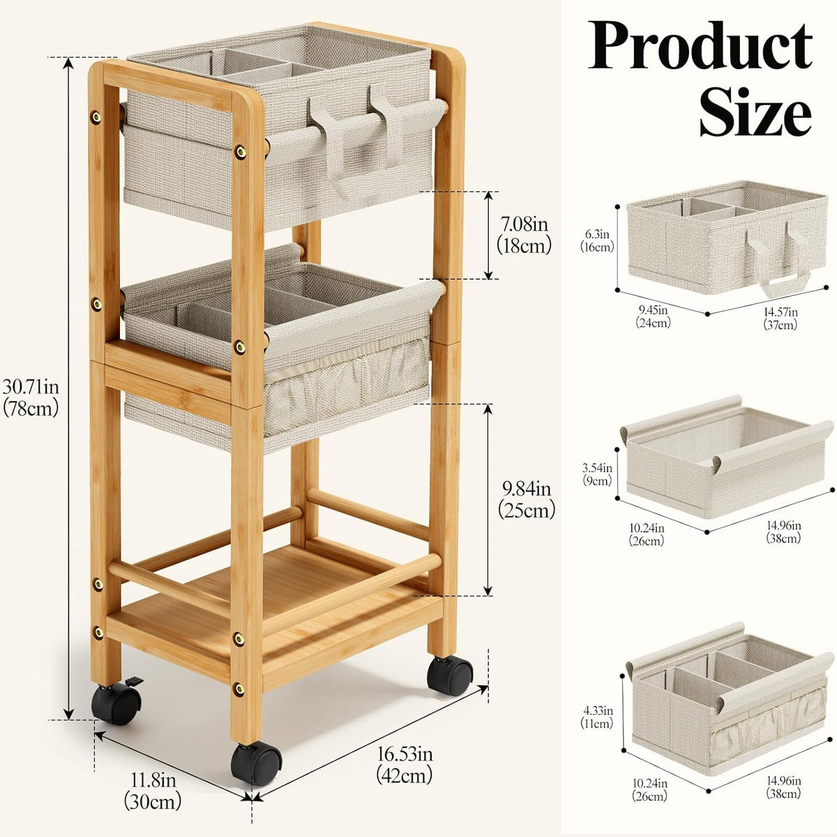Bamboo Diaper Caddy Cart with Wheels - 3-Tier Rolling Storage，Grey