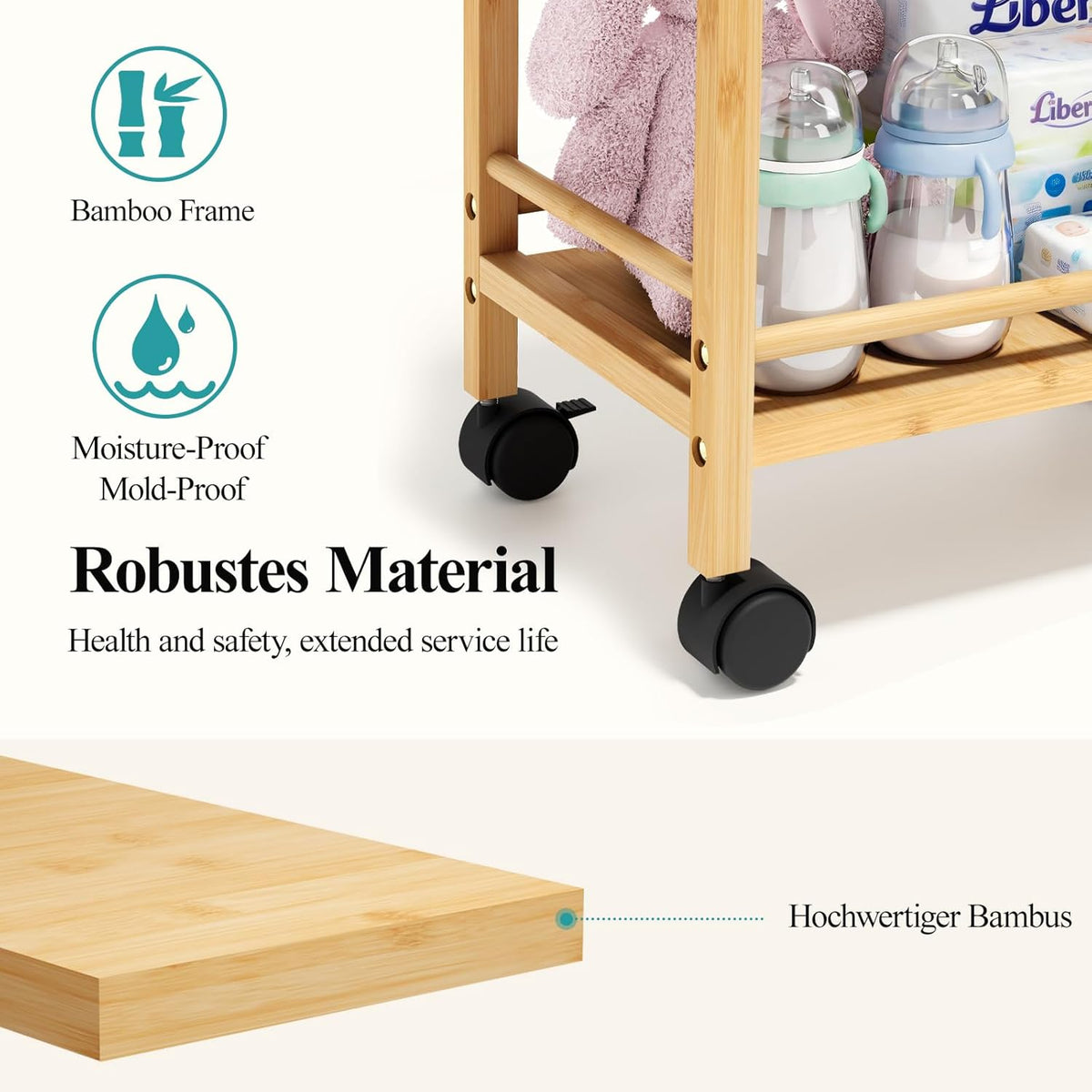 Bamboo Diaper Caddy Cart with Wheels - 3-Tier Rolling Storage，Grey