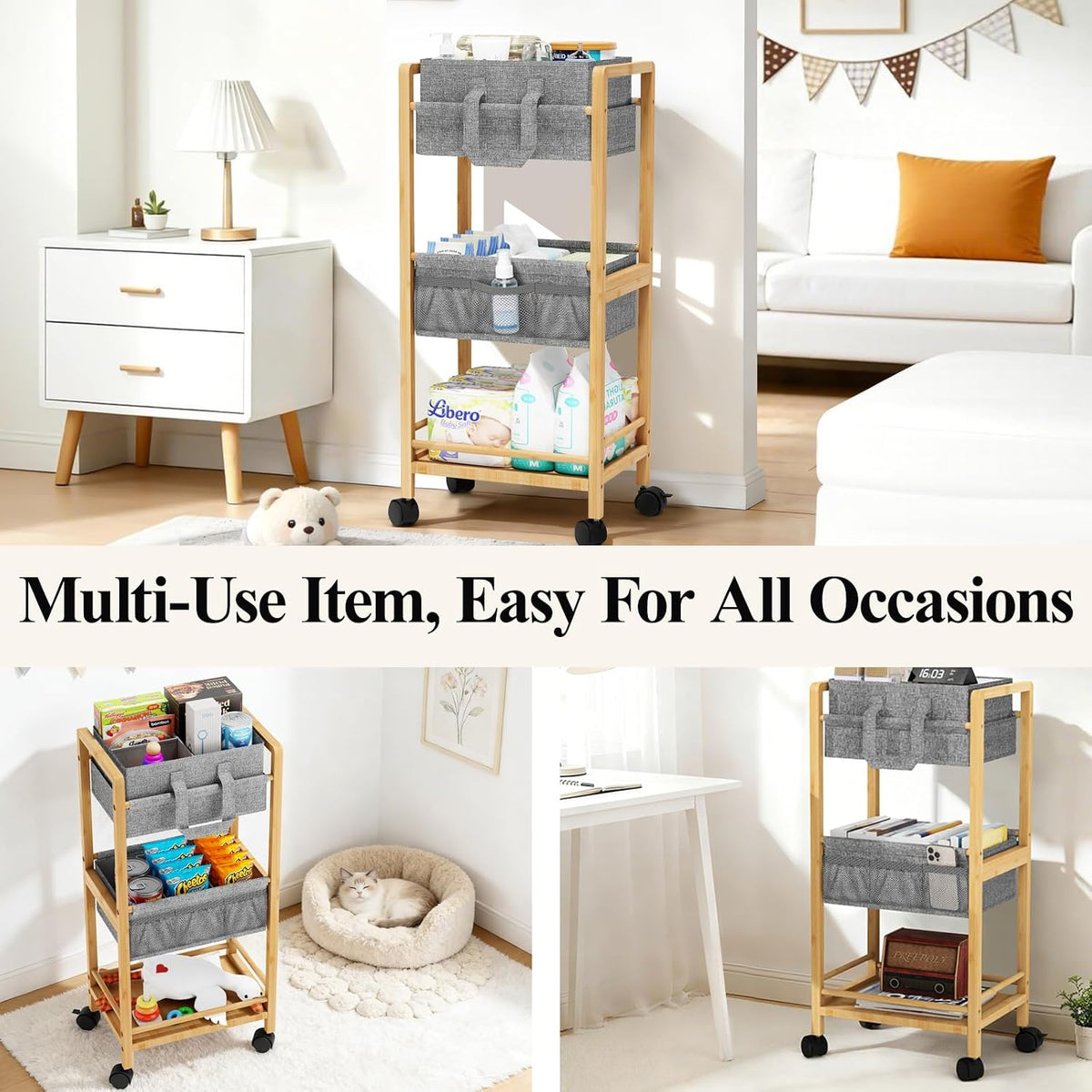 Bamboo Diaper Caddy Cart with Wheels - 3-Tier Rolling Storage，Grey