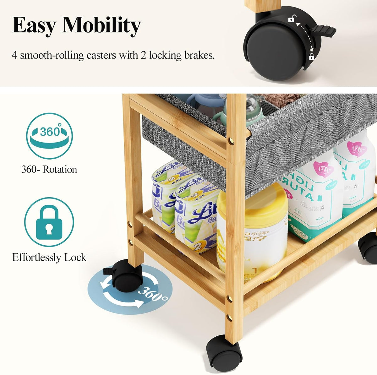 Bamboo Diaper Caddy Cart with Wheels - 3-Tier Rolling Storage，Grey