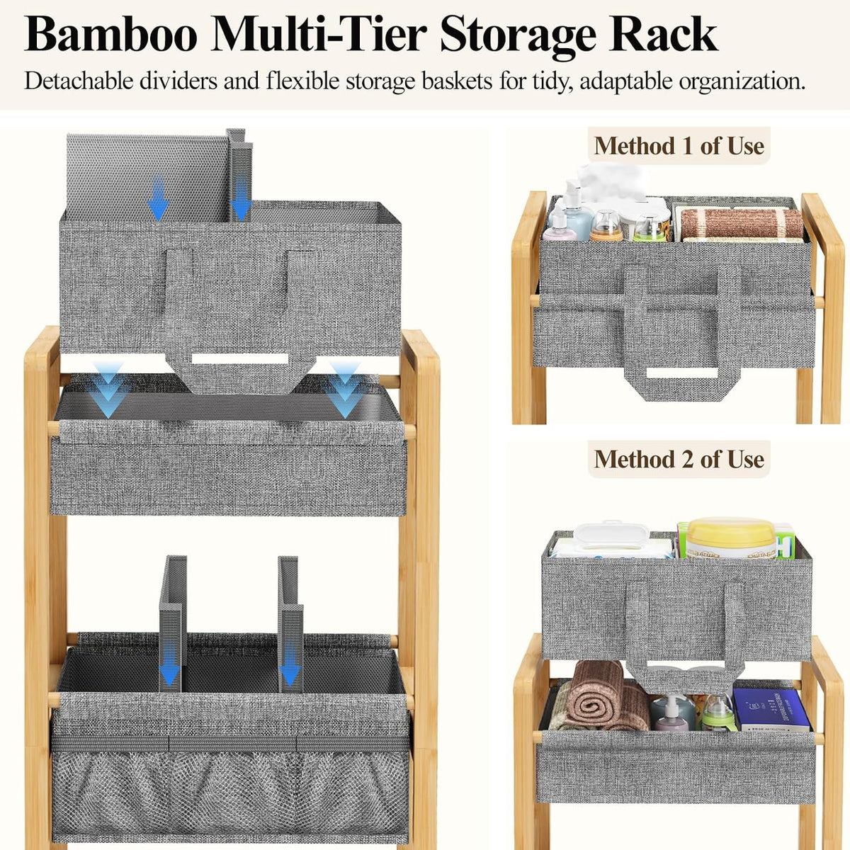 Bamboo Diaper Caddy Cart with Wheels - 3-Tier Rolling Storage，Grey