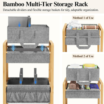 Bamboo Diaper Caddy Cart with Wheels - 3-Tier Rolling Storage，Grey