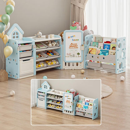 Foldable Kids Toy Storage Organizer with 10 Removable Bins and 3-Tier Bookshelf, 4 in 1 Multifunctional Large Toy Organizer with Drawing Board for Kid Bedroom Playroom Living Room, Light Pink