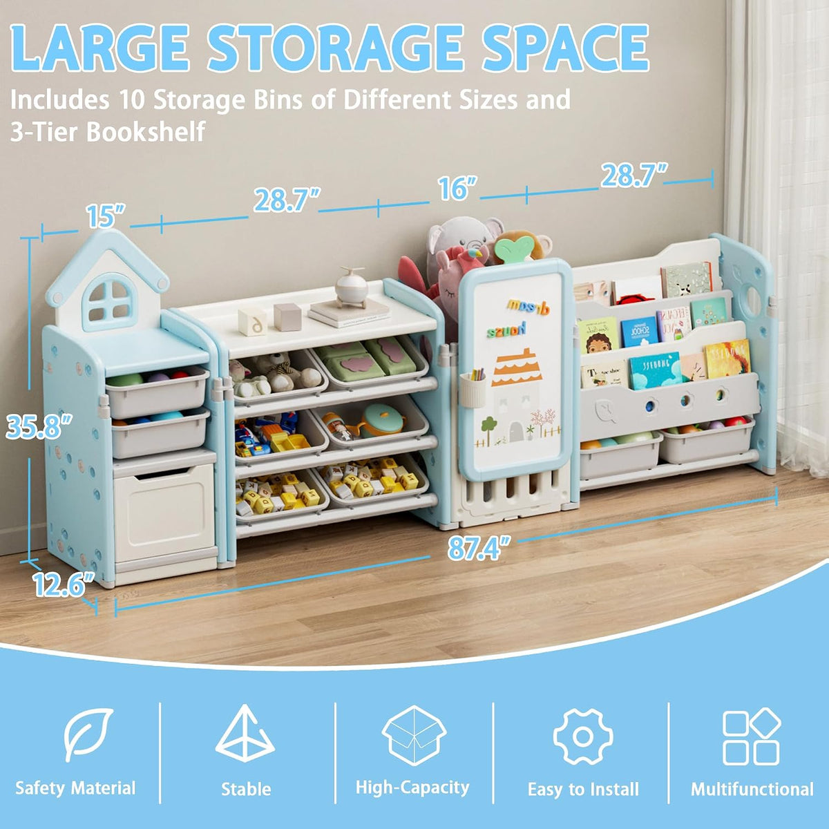 Foldable Kids Toy Storage Organizer with 10 Removable Bins and 3-Tier Bookshelf, 4 in 1 Multifunctional Large Toy Organizer with Drawing Board for Kid Bedroom Playroom Living Room, Light Pink