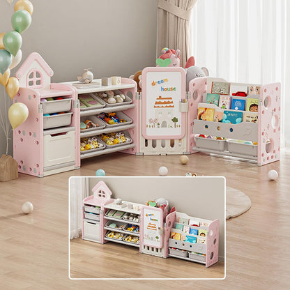 Foldable Kids Toy Storage Organizer with 10 Removable Bins and 3-Tier Bookshelf, 4 in 1 Multifunctional Large Toy Organizer with Drawing Board for Kid Bedroom Playroom Living Room, Light Pink