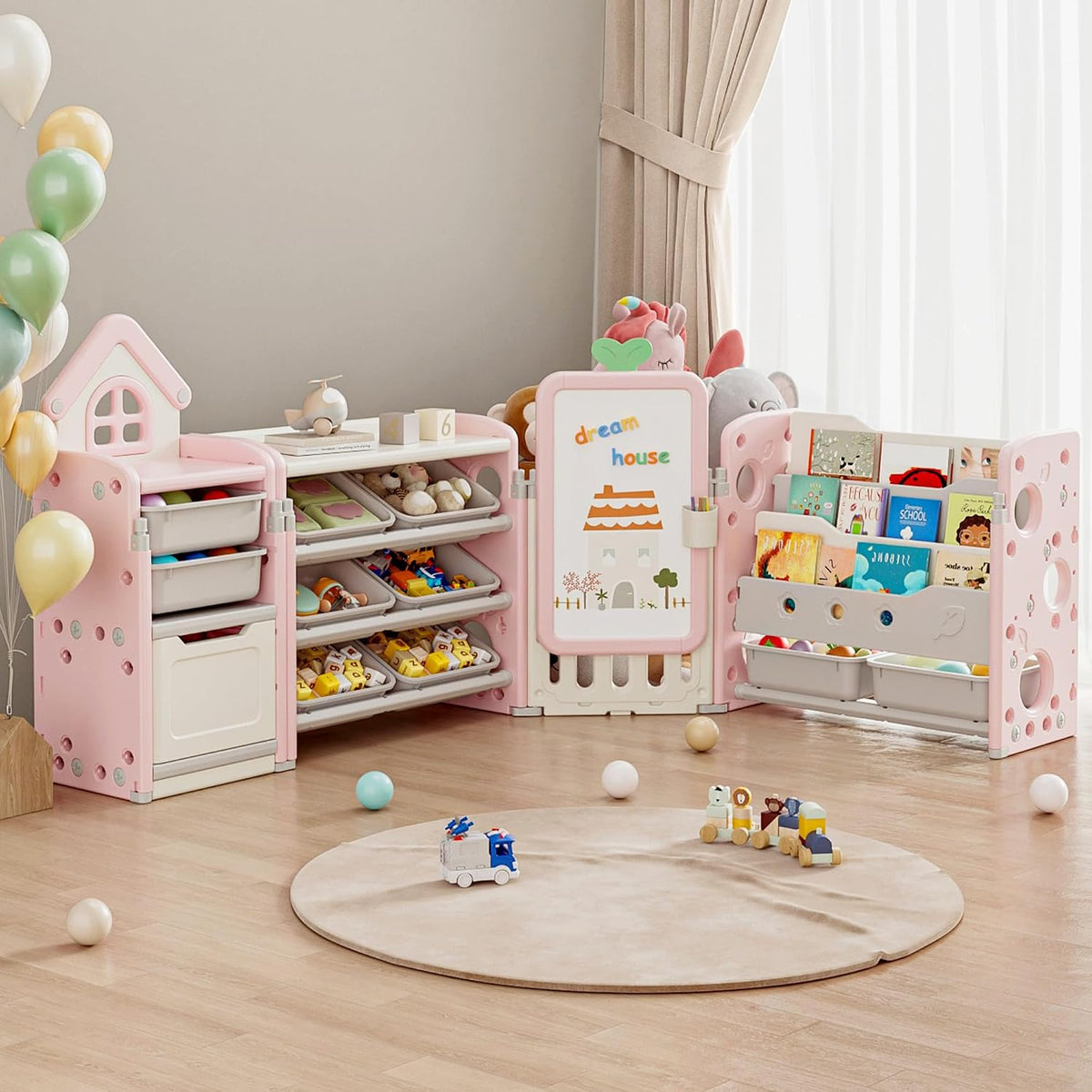 Foldable Kids Toy Storage Organizer with 10 Removable Bins and 3-Tier Bookshelf, 4 in 1 Multifunctional Large Toy Organizer with Drawing Board for Kid Bedroom Playroom Living Room, Light Pink