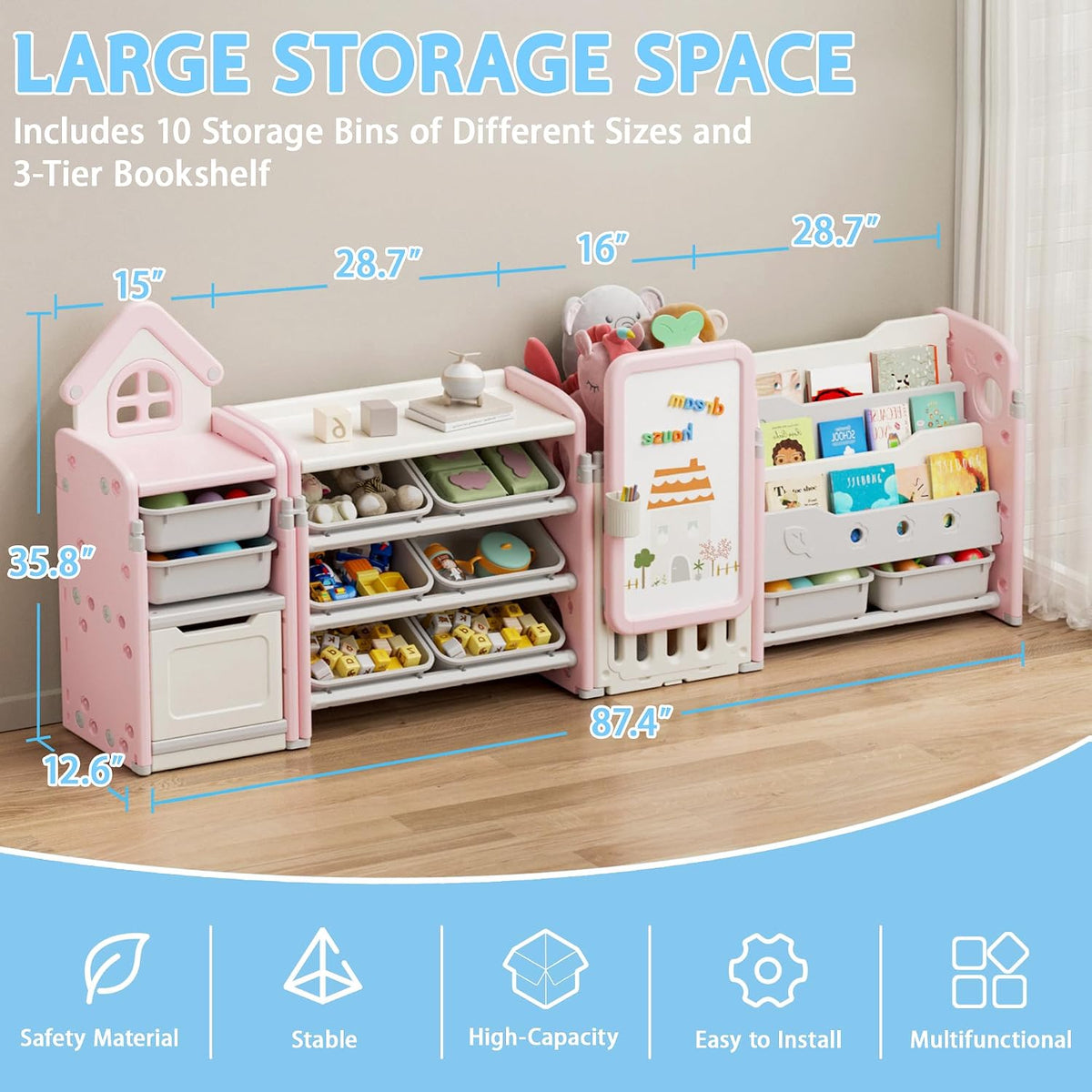 Foldable Kids Toy Storage Organizer with 10 Removable Bins and 3-Tier Bookshelf, 4 in 1 Multifunctional Large Toy Organizer with Drawing Board for Kid Bedroom Playroom Living Room, Light Pink