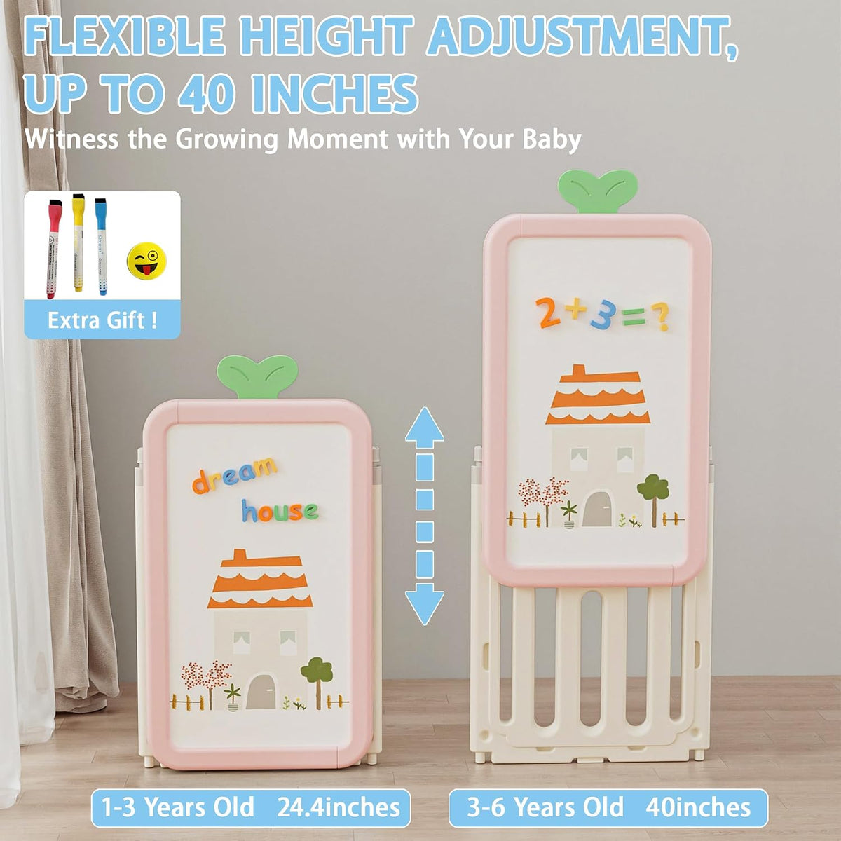 Foldable Kids Toy Storage Organizer with 10 Removable Bins and 3-Tier Bookshelf, 4 in 1 Multifunctional Large Toy Organizer with Drawing Board for Kid Bedroom Playroom Living Room, Light Pink