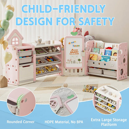 Foldable Kids Toy Storage Organizer with 10 Removable Bins and 3-Tier Bookshelf, 4 in 1 Multifunctional Large Toy Organizer with Drawing Board for Kid Bedroom Playroom Living Room, Light Pink