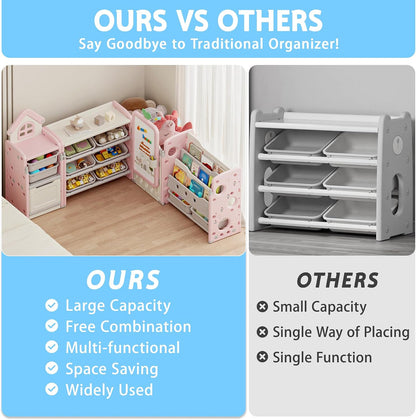 Foldable Kids Toy Storage Organizer with 10 Removable Bins and 3-Tier Bookshelf, 4 in 1 Multifunctional Large Toy Organizer with Drawing Board for Kid Bedroom Playroom Living Room, Light Pink