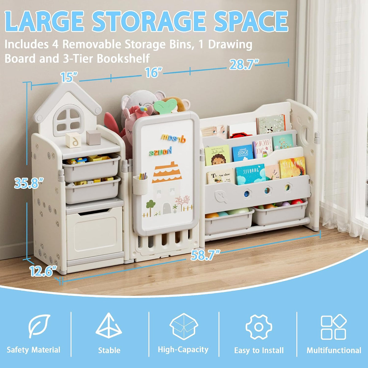 Foldable Kids Toy Storage Organizer with 10 Removable Bins and 3-Tier Bookshelf, 4 in 1 Multifunctional Large Toy Organizer with Drawing Board for Kid Bedroom Playroom Living Room, Light Pink