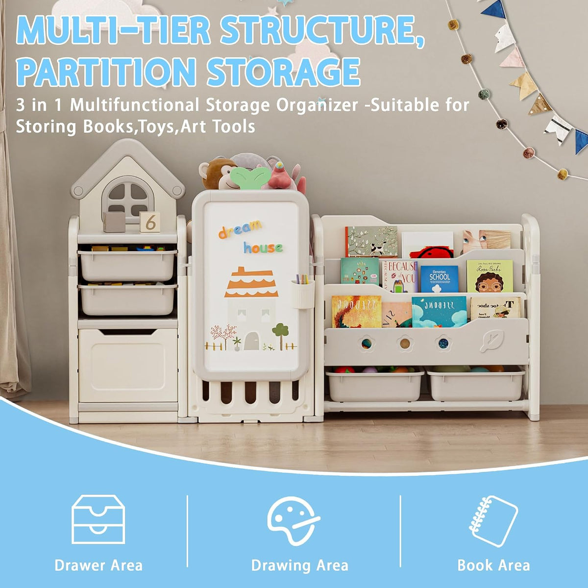Foldable Kids Toy Storage Organizer with 10 Removable Bins and 3-Tier Bookshelf, 4 in 1 Multifunctional Large Toy Organizer with Drawing Board for Kid Bedroom Playroom Living Room, Light Pink