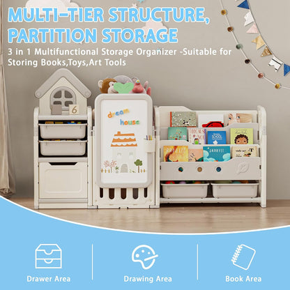 Foldable Kids Toy Storage Organizer with 10 Removable Bins and 3-Tier Bookshelf, 4 in 1 Multifunctional Large Toy Organizer with Drawing Board for Kid Bedroom Playroom Living Room, Light Pink