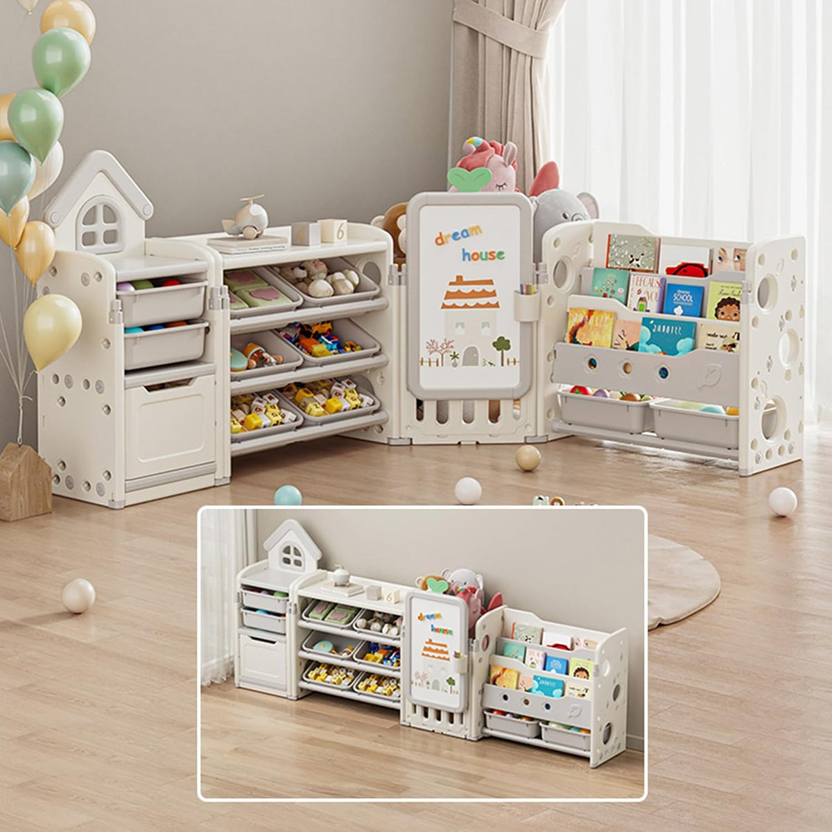 Foldable Kids Toy Storage Organizer with 10 Removable Bins and 3-Tier Bookshelf, 4 in 1 Multifunctional Large Toy Organizer with Drawing Board for Kid Bedroom Playroom Living Room, Light Pink