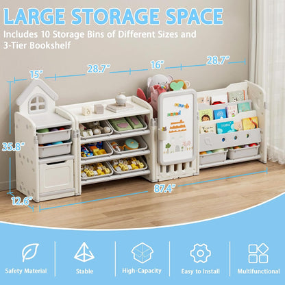 Foldable Kids Toy Storage Organizer with 10 Removable Bins and 3-Tier Bookshelf, 4 in 1 Multifunctional Large Toy Organizer with Drawing Board for Kid Bedroom Playroom Living Room, Light Pink