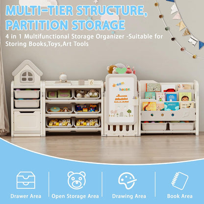 Foldable Kids Toy Storage Organizer with 10 Removable Bins and 3-Tier Bookshelf, 4 in 1 Multifunctional Large Toy Organizer with Drawing Board for Kid Bedroom Playroom Living Room, Light Pink