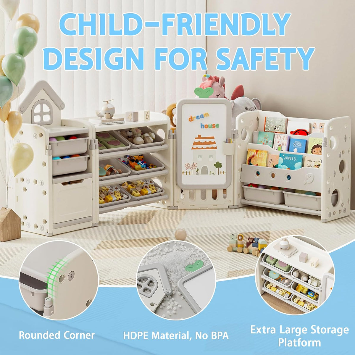 Foldable Kids Toy Storage Organizer with 10 Removable Bins and 3-Tier Bookshelf, 4 in 1 Multifunctional Large Toy Organizer with Drawing Board for Kid Bedroom Playroom Living Room, Light Pink