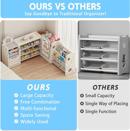 Foldable Kids Toy Storage Organizer with 10 Removable Bins and 3-Tier Bookshelf, 4 in 1 Multifunctional Large Toy Organizer with Drawing Board for Kid Bedroom Playroom Living Room, Light Pink