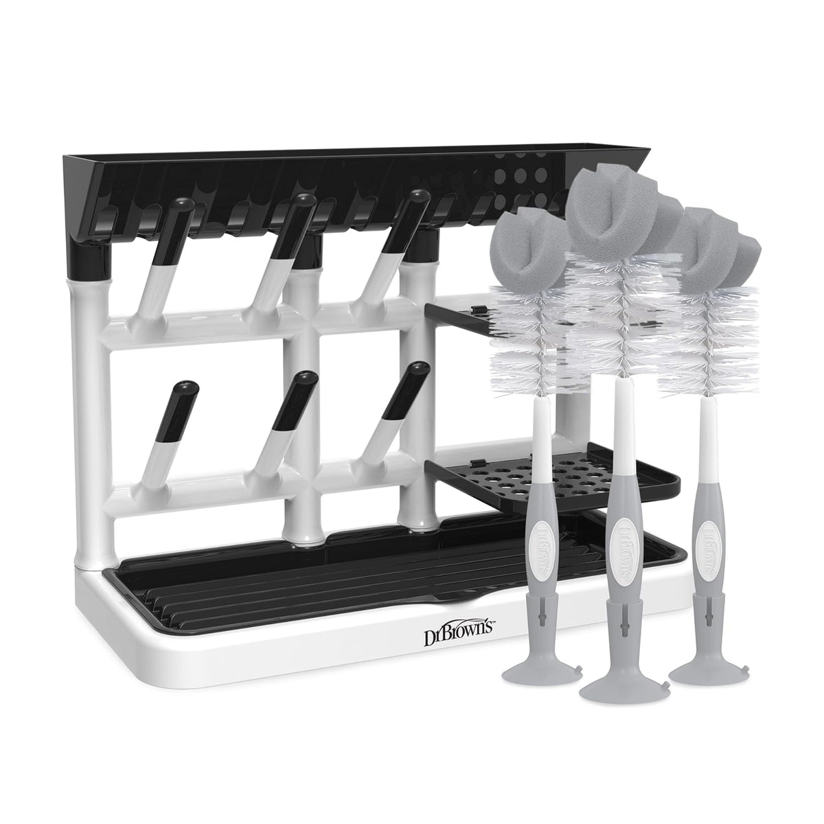 Baby Bottle Drying Tower, Stand-Up Drying Rack with Reusable Sponge Baby Bottle Cleaning Brush Set, 3-Pack, Grey